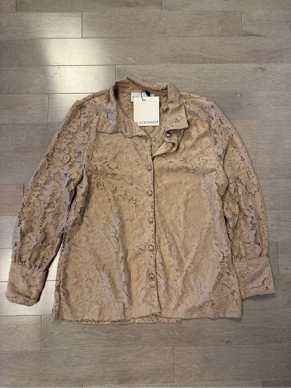 Alex & Parker Taupe Lace Button-Up Blouse